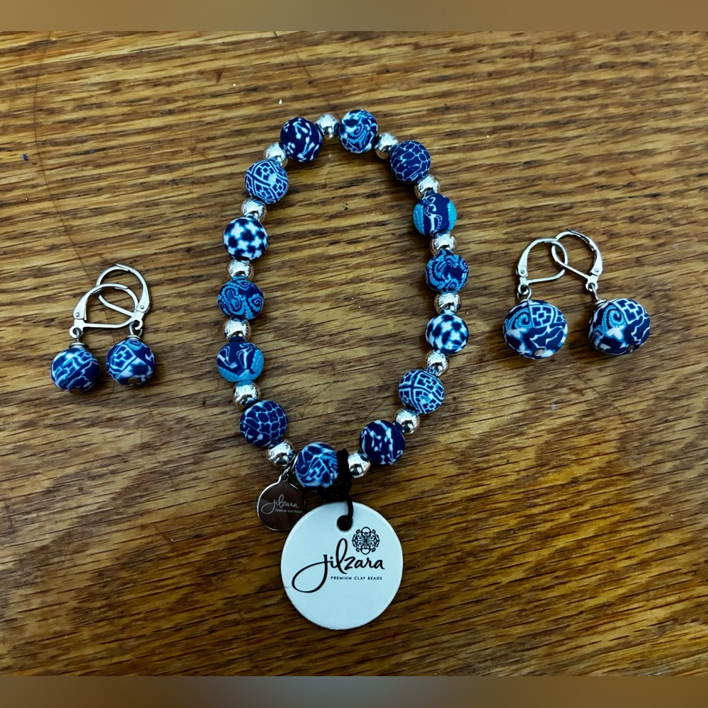 New Jilzara Blue and White Clay Bead Bracelet & 2 Pairs of Dangle Earrings Set